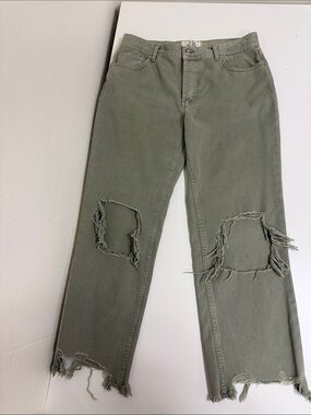 We The Free Olive Green Distressed Straight-Leg Jeans
